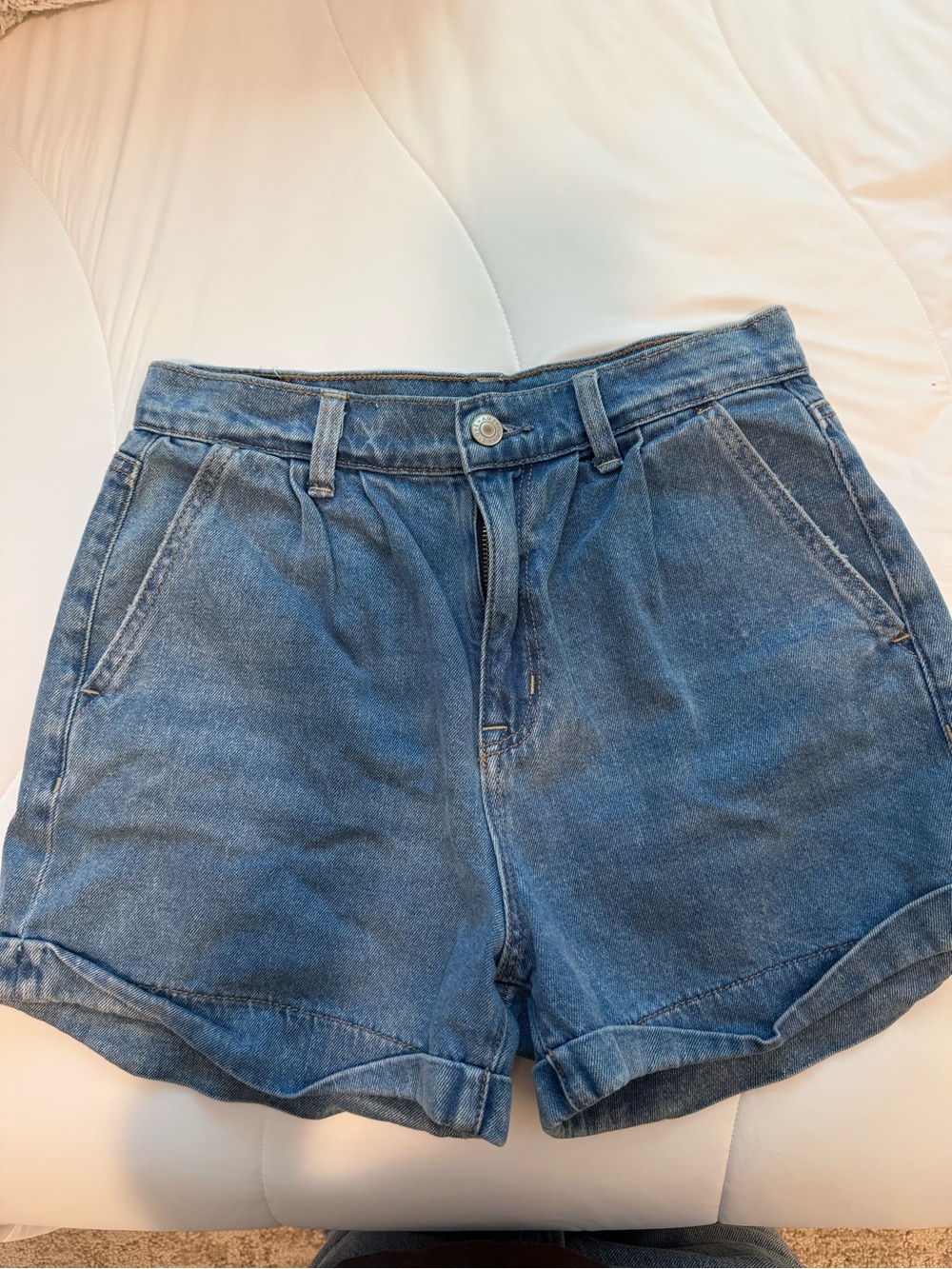 American Eagle Outfitters Blue Denim Pleated High-Rise Shorts